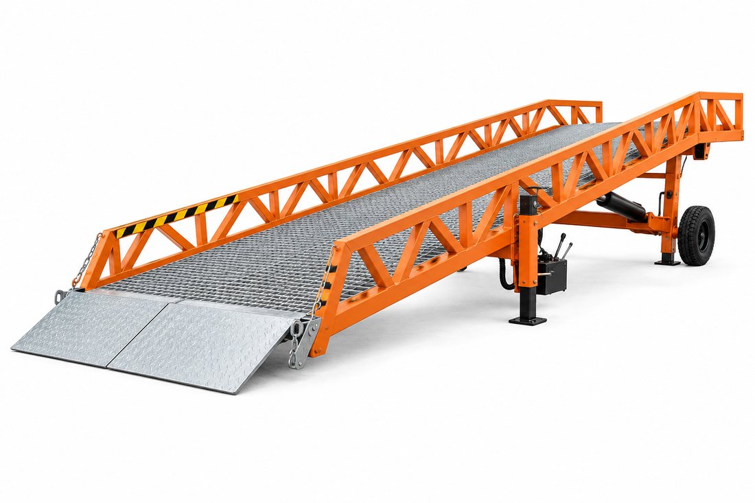 Mobilní nakládací rampa Saurus s oranžovou ocelovou konstrukcí na kolech